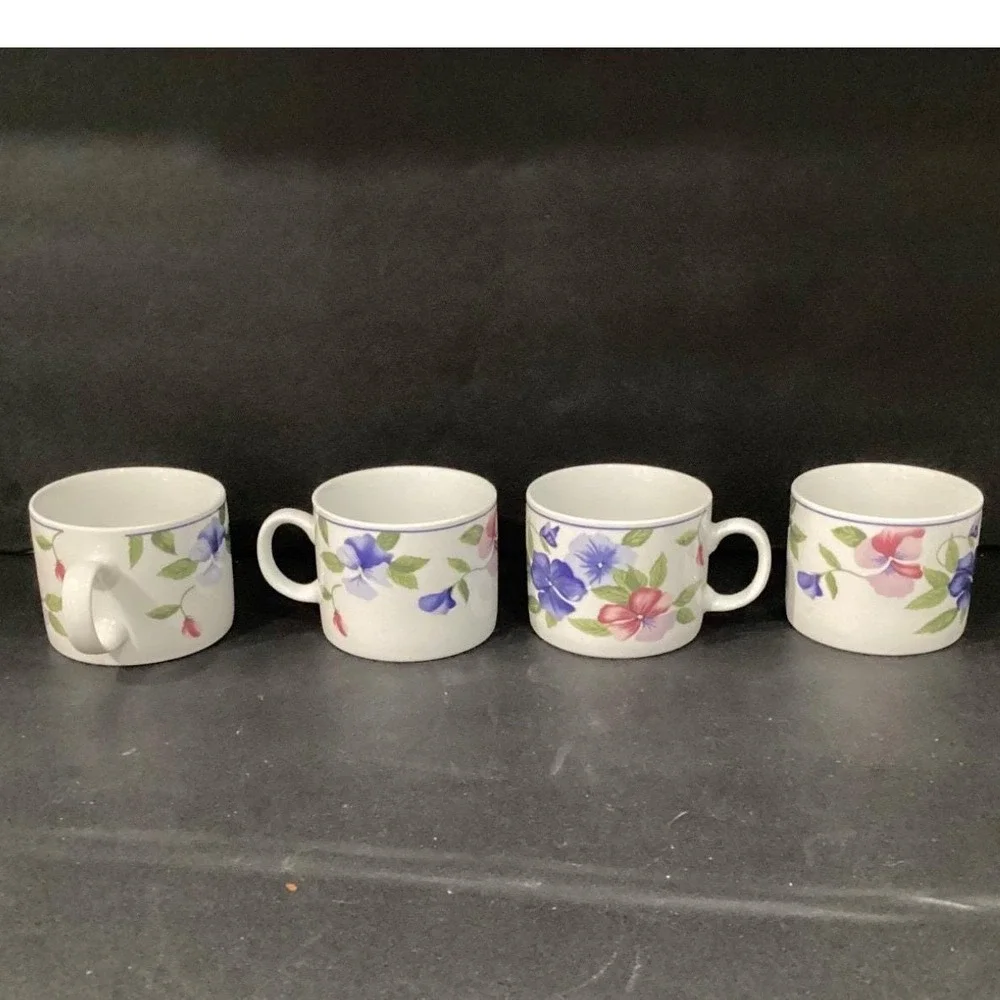 Oneida Majesticware Freesia Coffee Cups, Set of 4, Vintage Floral Stoneware Mugs